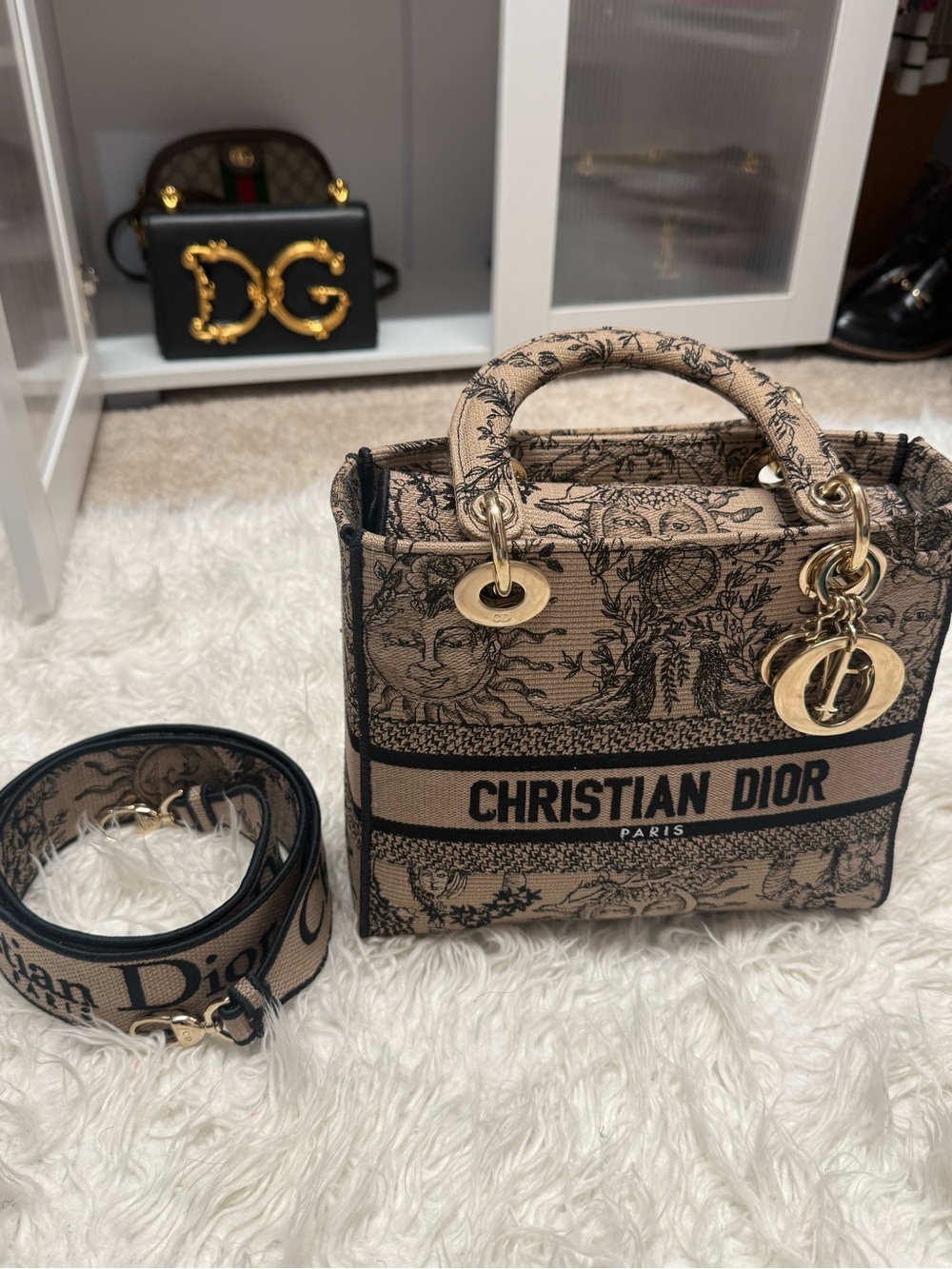 Dior Beige and Black, Gold-Tone Hardware (Medium)